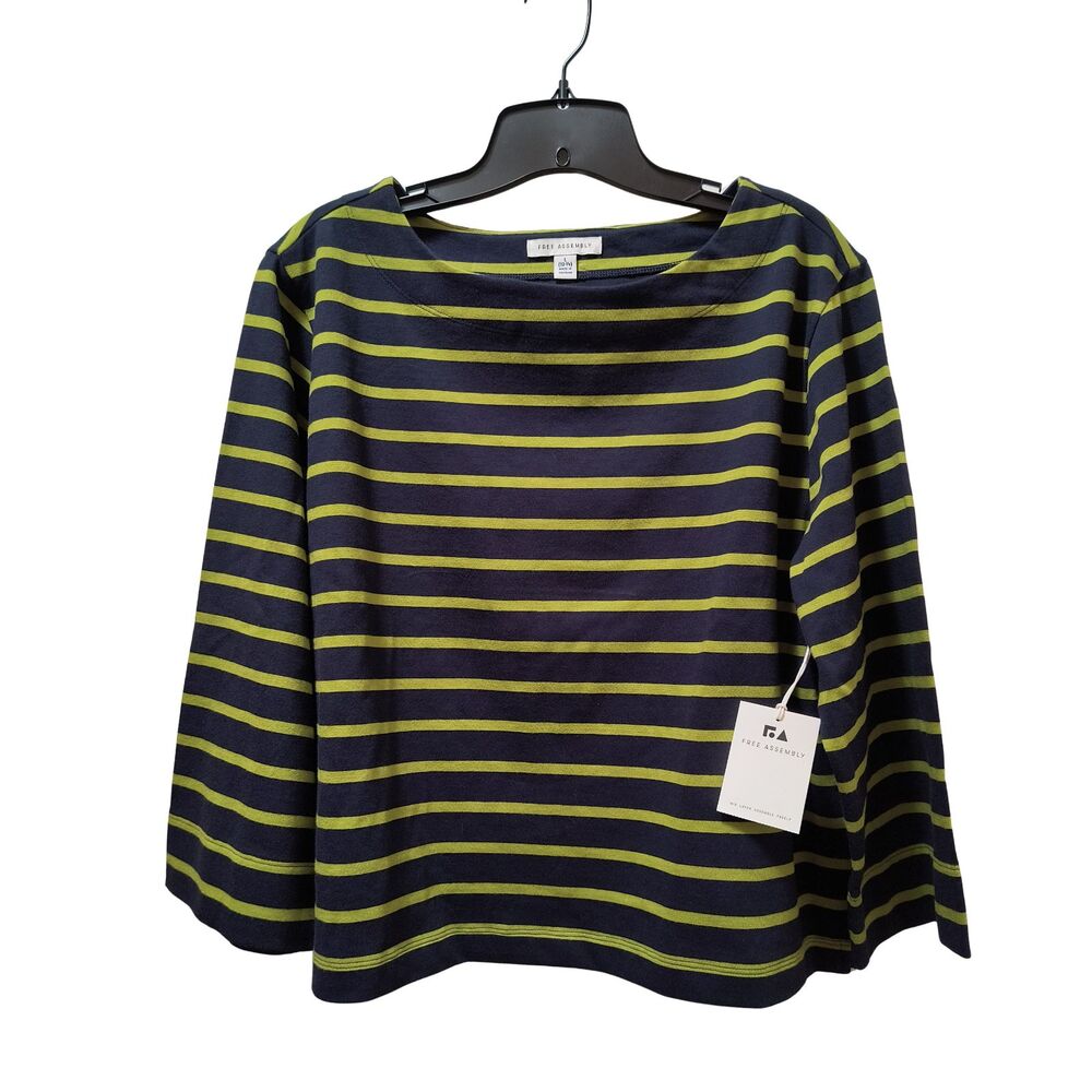 Free Assembly Striped Cotton Boatneck Tee Women's L (12-14) Navy Green ¾ Sleeves